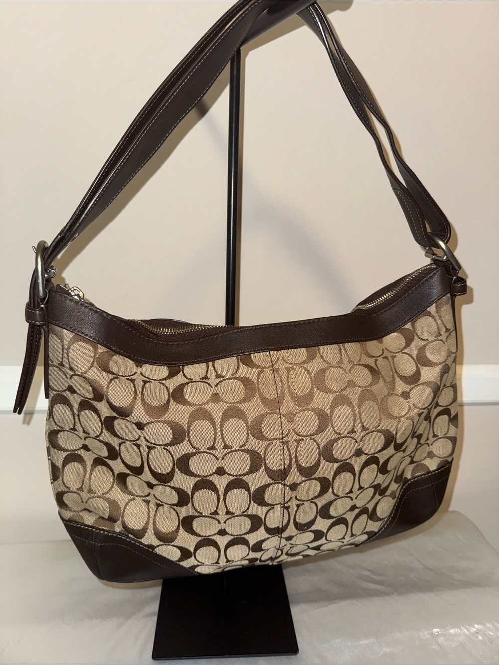 Coach Brown Signature Canvas Shoulder Bag with Leather Trim